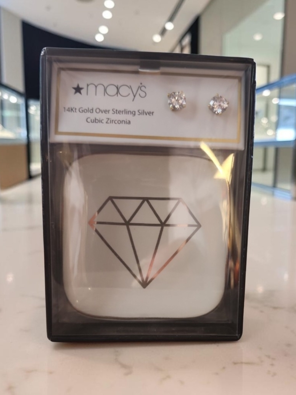 Macy's 14KT Gold Over Sterling Silver CZ Stud Earrings 925- NIB W/Tray